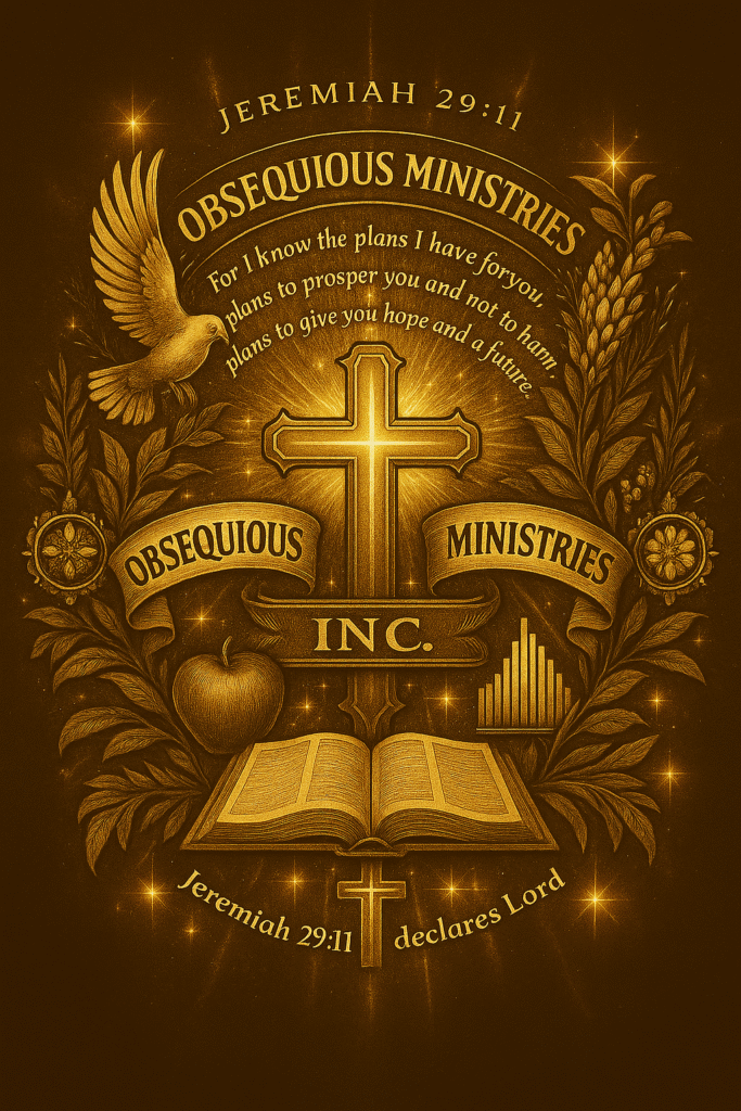 Vintage-style emblem of Obsequious Ministries Inc. featuring a glowing cross, open Bible, dove, apple, wheat, and Jeremiah 29:11, representing spiritual purpose and God’s promises.